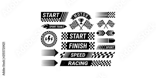 Obraz na płótnie Racing sport team logos and icons set for start finish speed and motor racing themes featuring checkered flags and trophy