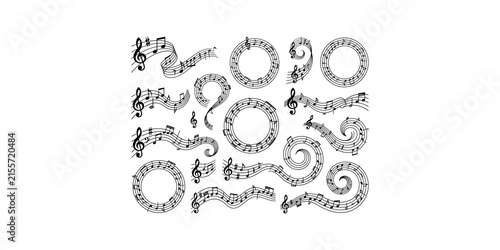 фотографія Decorative musical elements and ornate staff lines with notes and clefs creating elegant swirling patterns