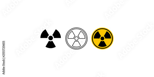 Quadro su tela Radioactive hazard symbols set featuring black silhouettes outline and yellow circular warning signs for nuclear energy safety alerts