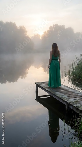 Woman in green dress standing on foggy lake pier.