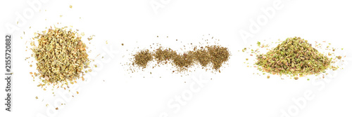 Принти на полотні Dried oregano leaves in various piles and arrangements, isolated on a transparent background for culinary applications