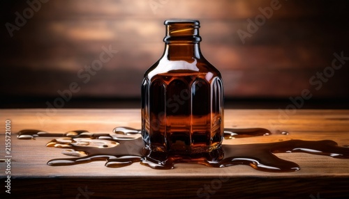a dark glass bottle on a wooden counter with liquid spilled all over it