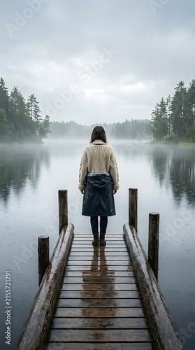 Woman on pier over misty lake.