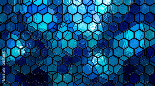 Hexagonal stained glass background with blue and teal geometric pattern and abstract and design