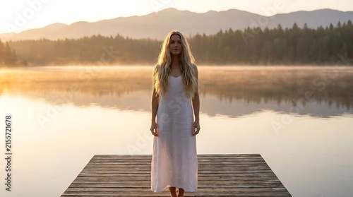Woman on wooden pier overlooking misty lake at dawn.