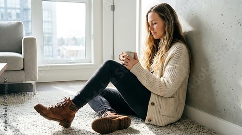 Woman sitting on floor with coffee near window.