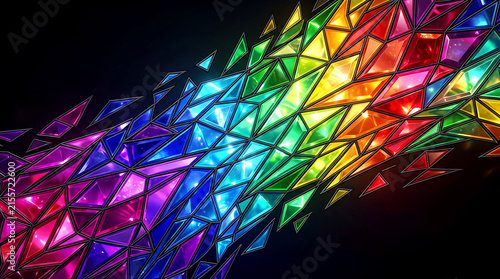 Polygons flowing across canvas with stained glass background in vibrant rainbow colors and geometric