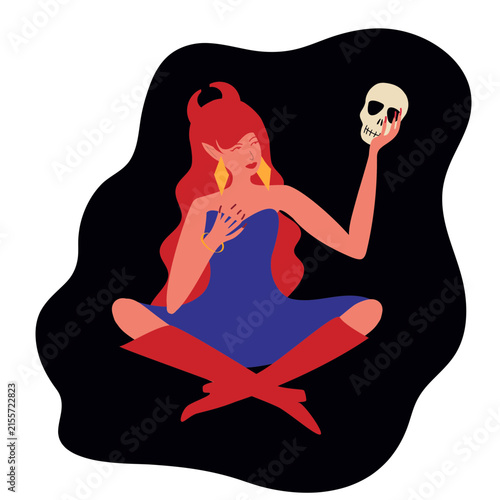 Illustration of a Devil Woman Holding a Skull