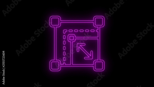 Glowing neon resize and scaling icon showing a rectangular selection frame with corner handles and diagonal arrows on a dark background. Suitable for graphic design, image editing, interface, scaling,