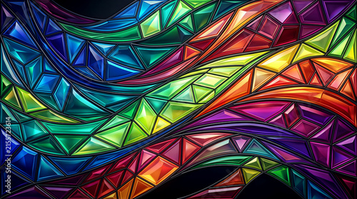 Polygons flowing in prism spectrum stained glass background with vibrant geometric patterns and colo