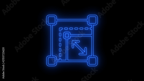 Glowing neon resize and scaling icon showing a rectangular selection frame with corner handles and diagonal arrows on a dark background. Suitable for graphic design, image editing, interface, scaling,