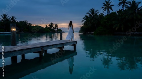 Woman standing on wooden pier over tropical night water.