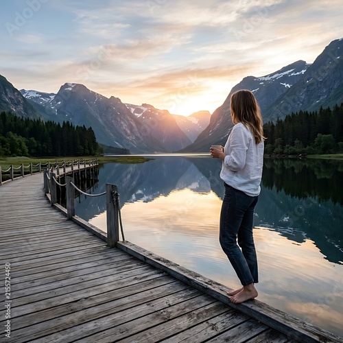Woman walking on wooden pier at sunset mountain lake
