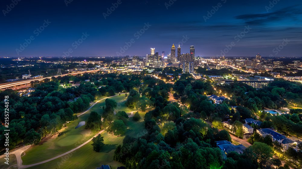 Fototapeta premium Cityscape with park and golf course at twilight aerial view