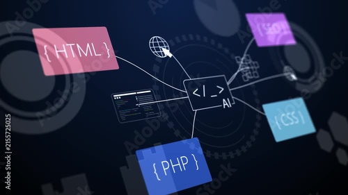 infographic animation, web development and web design concept, keywords and icons connected with lines, team work and collaboration, software development process.