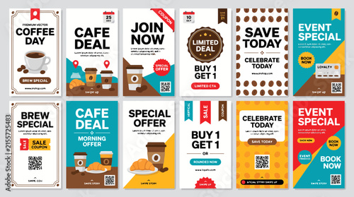 Coffee shop social media story templates, 12 cafe promotion vertical banners, coffee day marketing flyers with QR codes