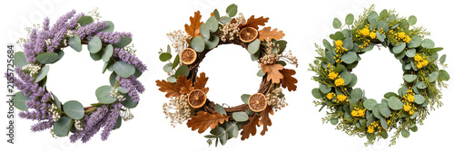Fotografie Three unique decorative wreaths, crafted from natural botanicals and seasonal elements