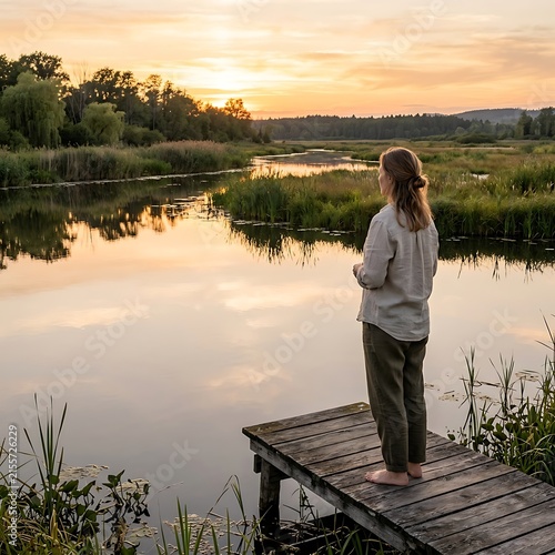 Woman watching sunset from wetland dock.