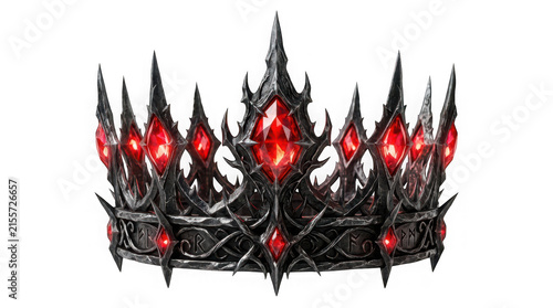 Dark fantasy crown with red gemstones and intricate metalwork isolated on transparent background