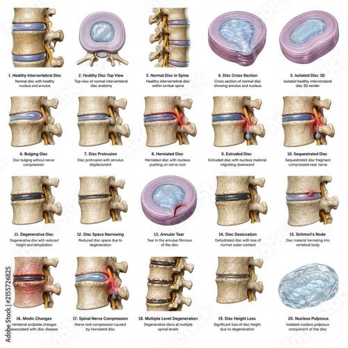 Obraz na plátně Medical infographic showing normal intervertebral disc anatomy and common lumbar disc conditions including bulging, herniation, extrusion, degeneration, and nerve compression