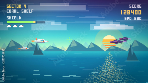 Fotografie A pixel-art retro side-scroller shows a spaceship dogfight over a sunset ocean with mountain islands, ideal for arcade game trailers and nostalgic shoot-em-up marketing content