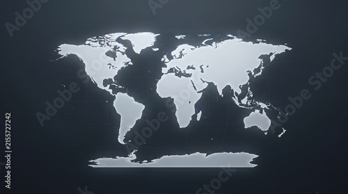 A minimalist world map illustration featuring a clean white silhouette of continents isolated against a dark charcoal grey background for modern design and presentation projects