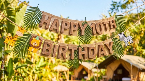 Safari Jungle Themed 10th Birthday Typography with Wooden 3D Text and Cute Animals