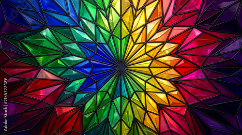 Stained glass background featuring a vibrant geometric starburst pattern with rainbow colors and abs