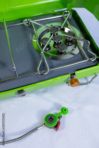 Portable Gas Stove with Two Burners for Camping, Cooking Concept for Hiking Outdoor Travel