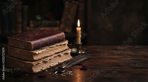 Antique book stack with lit candle and quill on dark desk for mystical Halloween theme and historical scholarly web hero background