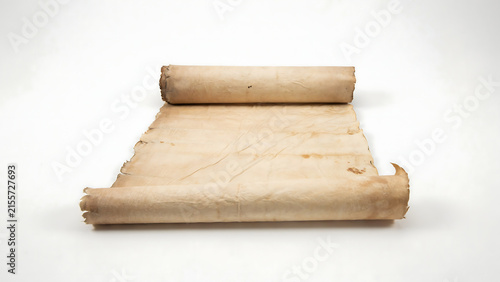 Blank unrolled ancient parchment paper scroll isolated on white background