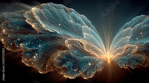 Abstract, glowing, ethereal design featuring a central radiant core and elaborate petal-like shapes