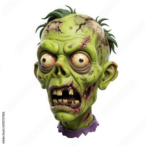 3d render of a cartoon zombie head with bulging bloodshot eyes and cracked green skin isolated on transparent background