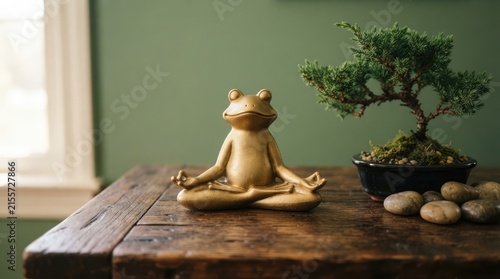 Small Golden Frog Figurine in a Meditative Lotus Pose Sitting Next to a Miniature Bonsai Tree on a Rustic Wooden Table Surface for Zen Home Decor