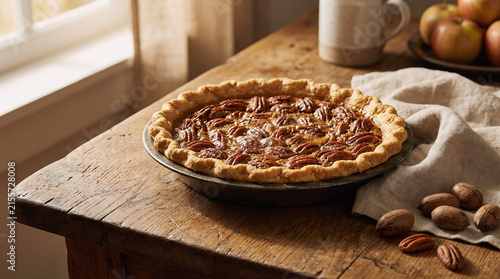 A delicious pecan pie sits on a rustic wooden table next to fresh whole nuts and apples in a warm kitchen setting bathed in beautiful soft morning light