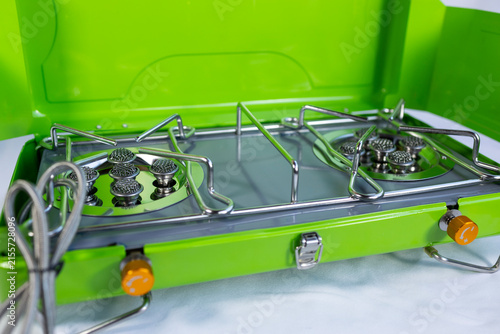 Portable Gas Stove with Two Burners for Camping, Cooking Concept for Hiking Outdoor Travel