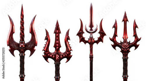 Set of four ornate red demonic tridents with skulls and runes isolated on transparent background