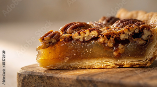 A close-up view of a delicious slice of classic homemade pecan pie with a flaky buttery crust resting on a rustic wooden board in a warm kitchen setting