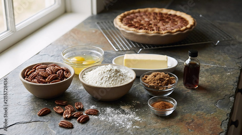A rustic kitchen counter display featuring a freshly baked pecan pie alongside raw ingredients like pecans, flour, eggs, butter, sugar, and cinnamon