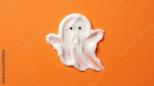 A Creative Halloween Spooky Ghost Shape Crafted From Smooth White Facial Cream Texture Set Against A Vibrant And Festive Solid Orange Backdrop