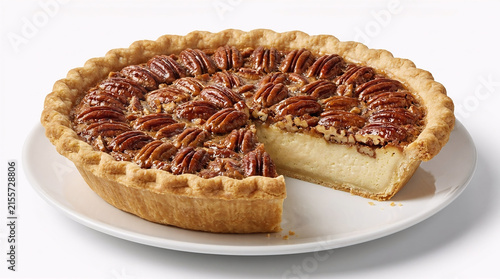 A delicious homemade pecan pie with a creamy custard base and a perfectly golden flaky crust, presented on a simple white plate against a clean background.