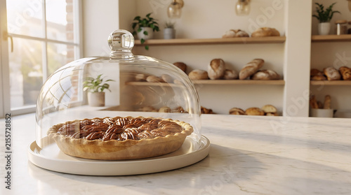 A delicious homemade pecan pie sits under a clear glass dome on a marble countertop in a cozy, sunlit bakery setting with fresh artisan bread background