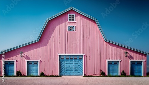 pink barn blue roof grey background toon shading simple rustic enormous secure penned thin color white neat dense buildings door western clothing