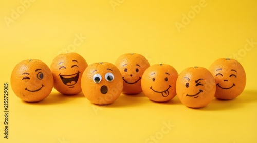 A collection of fresh oranges decorated with hand drawn facial expressions and expressive googly eyes arranged in a row against a vibrant yellow background