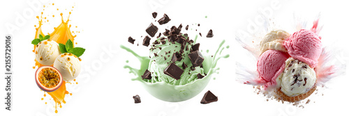 Fotografía Dynamic ice cream compositions: tropical, mint chocolate chip, and mixed scoops with splashes, isolated on transparent