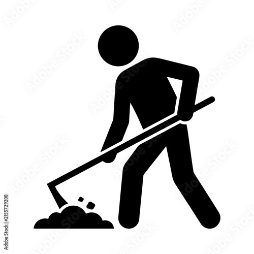 A minimalist black silhouette vector icon of a person digging soil with a gardening hoe.