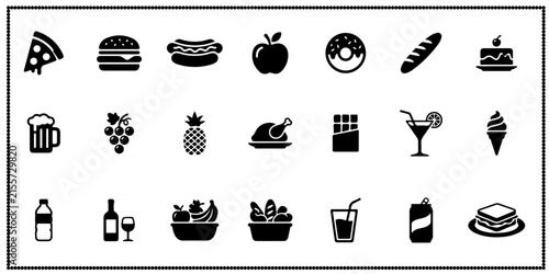Food and beverage icons set showing fast food snacks desserts fruits drinks and culinary products.