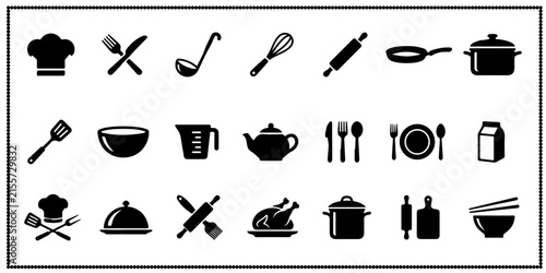 Kitchenware icons set featuring various cooking utensils cookware and culinary symbols in black style.