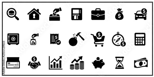Finance and business icons set including banking wealth management commerce and investment symbols.