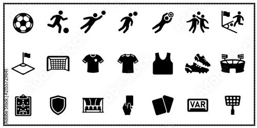 Soccer football sports icons set featuring players and stadium equipment for tournament branding use.